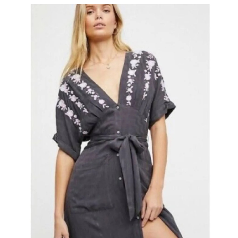 NWT Free People Embroidered Button Up Midi Dress with pockets Size M